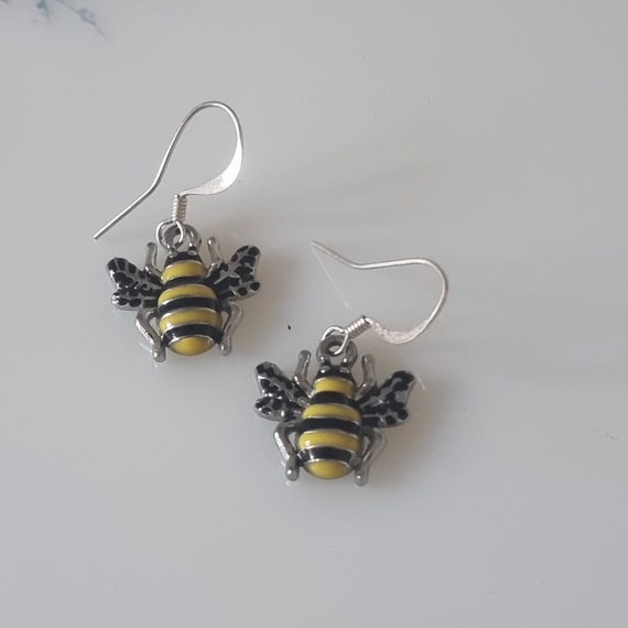 Enamel Bumble Bee Drop Earrings, Bee Dangle Earri… - image 2
