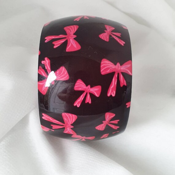 Vintage Black Enamel Pink Bow bangle, Wide Black … - image 9