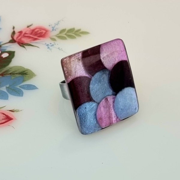 Vintage Inlaid Resin Square Ring, Geometric Stratement Resin Ring, Funky Square Ring