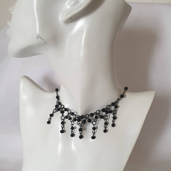 Goth Black Fringe Necklace Vintage French Jet Black Fringed