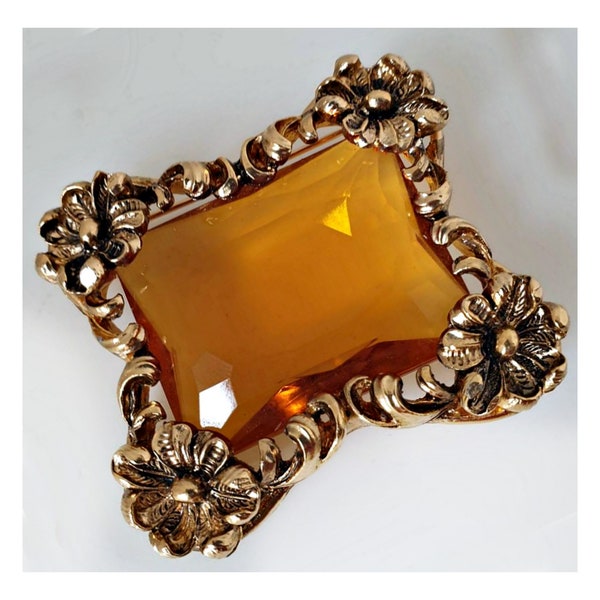 vintage Grande broche carrée en verre ambré, broche en verre rococo français, broche en verre encadrée ornée