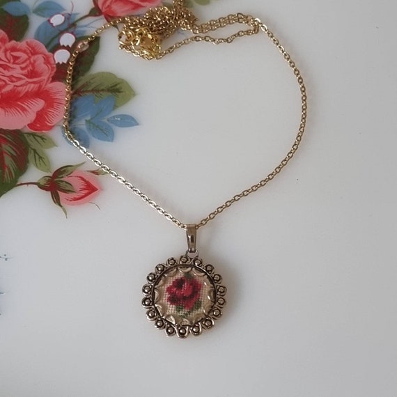 Vintage Cross Stitch Rose Pendant Necklace, Retro… - image 2