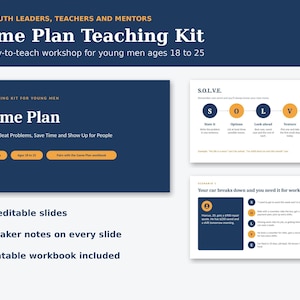 Può includere: Un kit didattico Game Plan per animatori giovanili, insegnanti e mentori, con 23 diapositive modificabili, note per il relatore e un quaderno di esercizi stampabile. Include una diapositiva del titolo, una S.O.L.V.E. e una di scenario.