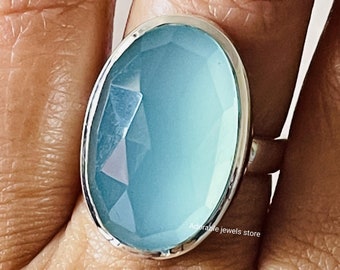 Aqua Chalcedony Ring: Faceted Gemstone, 925 Sterling Silver