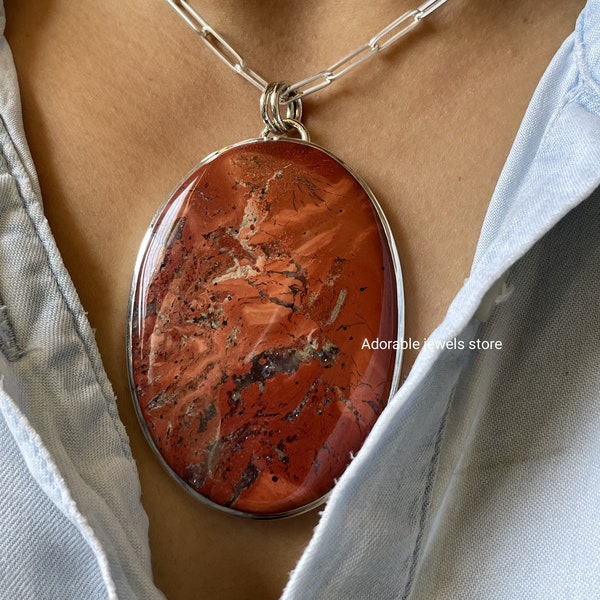 LARGE Natural Red Jasper 925 Solid Sterling Silver NATURAL Gemstone pendant Handmade Gift for love ones long oval Statement jewelry