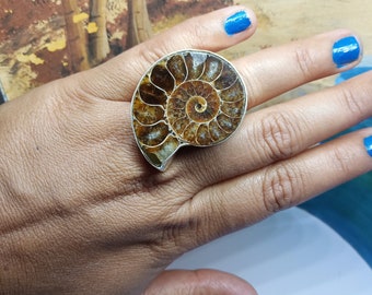 Ammonite Fossil Silver Statement Ring Handmade Size 8.5
