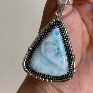 Natural Larimar Pendant: 925 Sterling Silver Boho Statement Jewelry