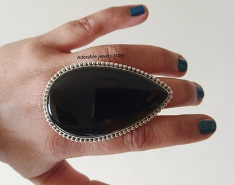 Large Pear Black Onyx Ring: 925 Sterling Silver Boho Statement