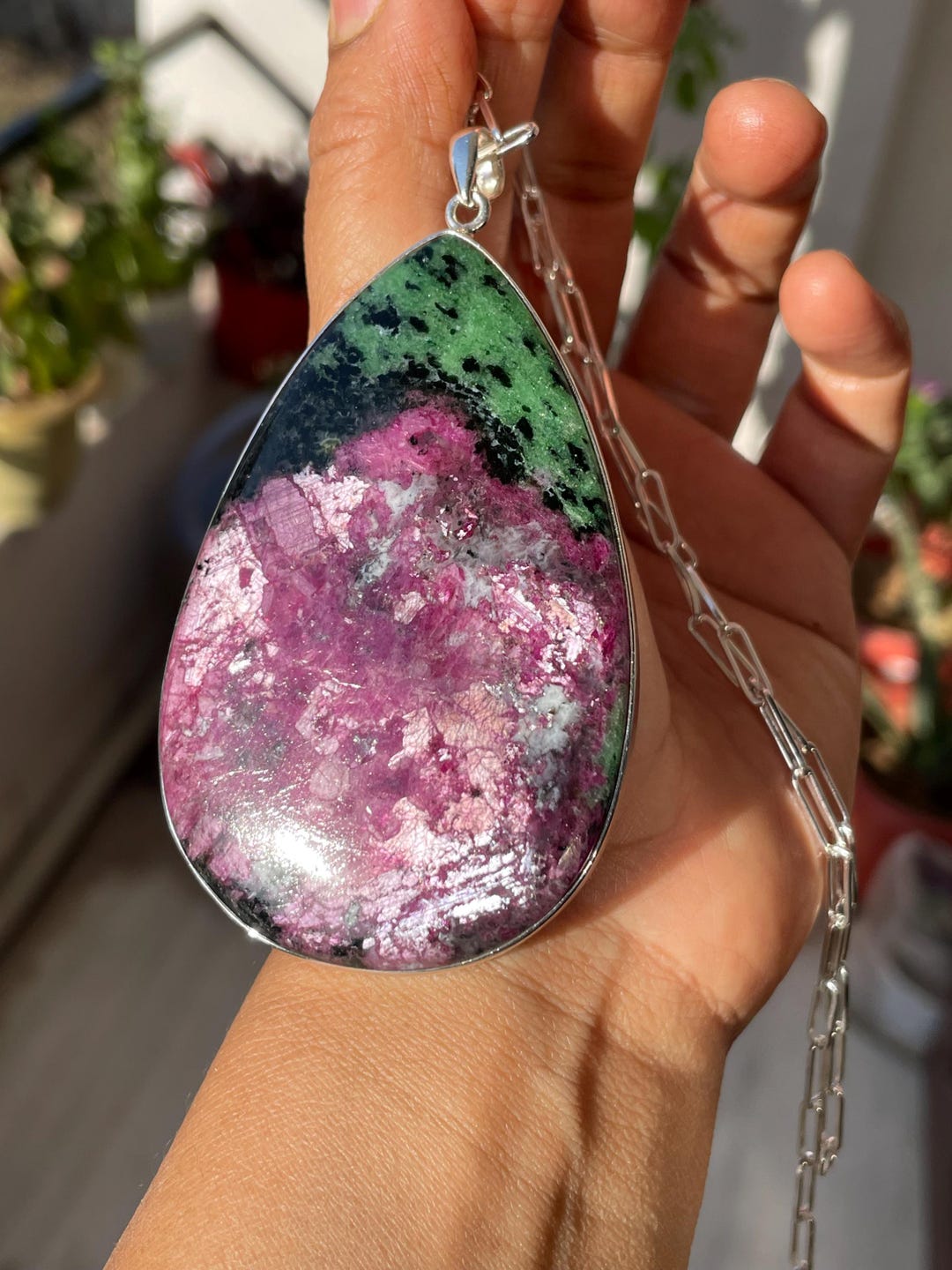 Ruby Greenstone Natural Green & Red Stone Large Ruby Zoisite Pendant,solid 925 Sterling ...