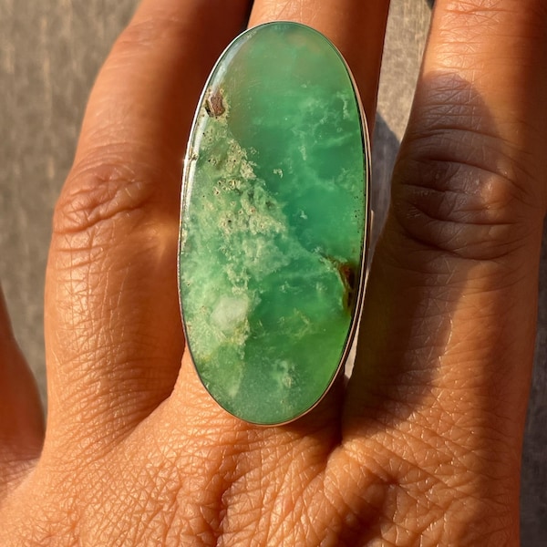 Natural Chrysoprase in Metrix solid sterling silver ring,long oval green gemstone