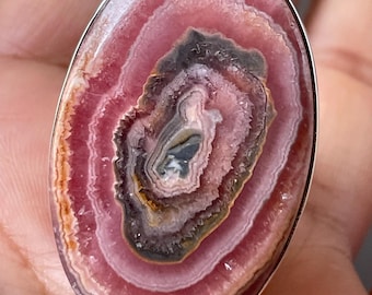 Anillo de estalactita de rodocrosita, gema rosa bandeada, plata de ley, joyería bohemia