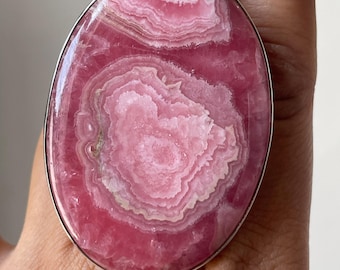 Anillo de rodocrosita grande y llamativo, anillo de gema rosa ovalada con cabujón de plata de ley, anillo de piedra rosa inca, joyería bohemia, regalo para ella.