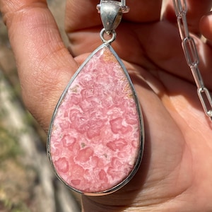 Handmade Pear Rhodochrosite Pendant: 925 Sterling Silver, Boho Healing Crystal