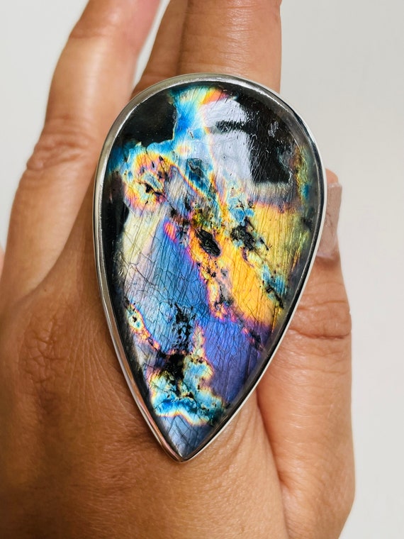 LARGE Spectrolite Labradorite Ring rainbow Color Stone Natural Gemstone solid 925 Sterling Silver Ring Rare Colors Gift Her OOAK Etsy