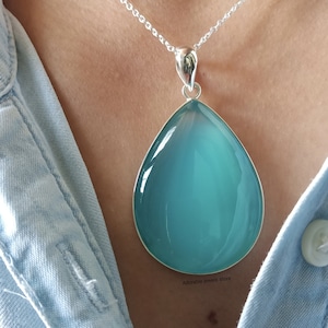 Large Chalcedony pendant,925 Sterling Silver,Excellent Quality Chalcedony,natural gemstone statement pendant,Blue chalcedony Annivarsary