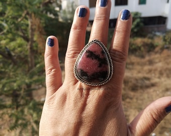 Handcrafted Rhodonite Ring: 925 Sterling Silver Bohemian Artisan Jewelry