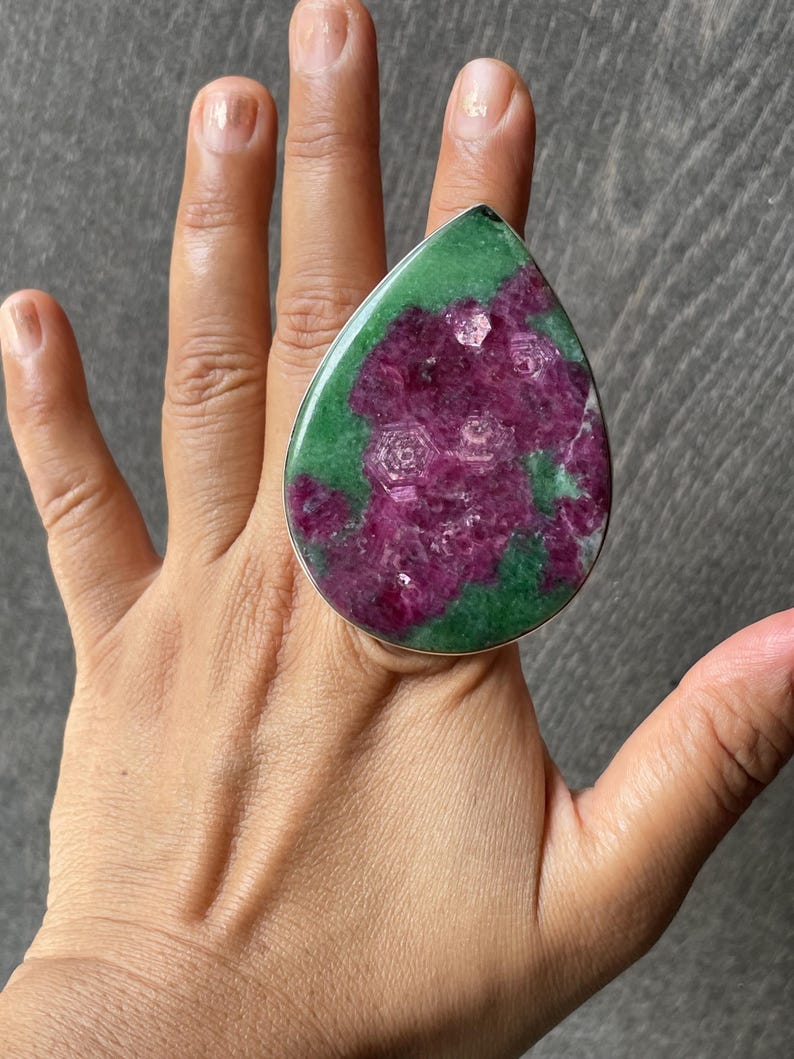 Rubin-Zoisit-Ring, Statement-Ring mit Rubinkristall, großer Cocktailring in Tropfenform, Sterlingsilber, grüner und rosa Edelstein, Geschenk für Sie Bild 10