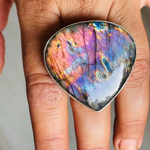 Natural Spectrolite Sterling Silver Ring, Rainbow Flash Labradorite, Large Teardrop Cabochon, Multicolor Statement, Boho Gemstone Jewelry