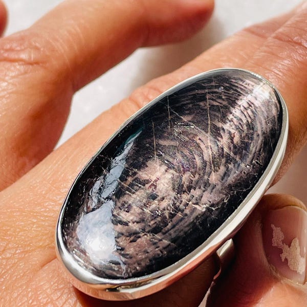 Long oval Hypersthene Statement Ring: Handmade Sterling Silver 925,