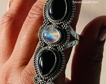 Bague pierre de lune arc-en-ciel en onyx noir : bague bohème faite main en argent sterling 925