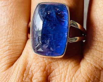 Ring aus natürlichem Tansanit, Statement-Cocktailring aus Sterlingsilber, lila Edelstein-Cabochon, großer, auffälliger Boho-Schmuck, Geburtsstein-Geschenk für Dezember