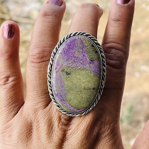 Handmade Stichtite Ring: 925 Sterling Silver Boho Statement Jewelry