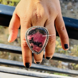 Handmade Rhodonite Sterling Silver Ring: Artisan Boho Jewelry