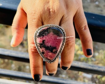 Handmade Rhodonite Sterling Silver Ring: Artisan Boho Jewelry