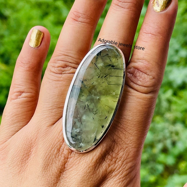 Natural Prehnite Ring solid 925 sterling silver Statement Rings green prehnite Gemstone ring southwestern gift her Annivarsary