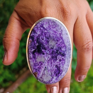 Exclusive Natural Purple Charoite statement Ring One of a Kind solid 925 sterling silver LARGE OVAL Flashy Charoite One of kind gift her