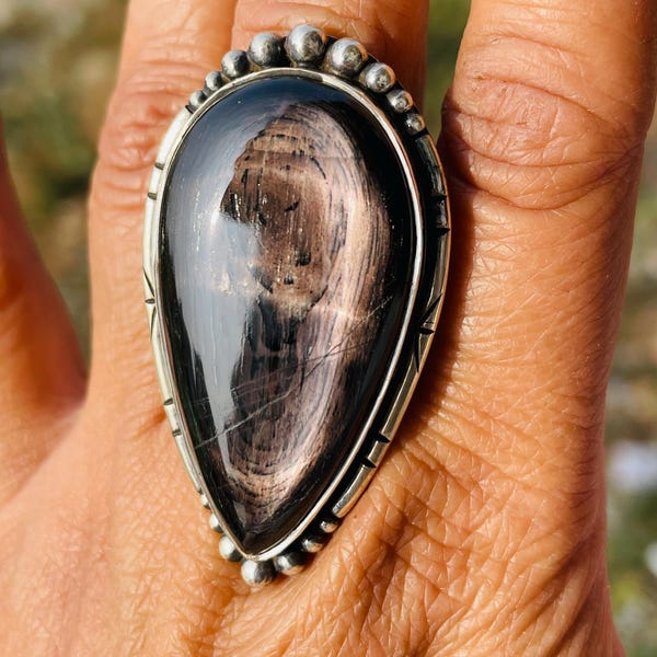 Handmade pear Hypersthene Sterling Silver Ring, Large Gemstone