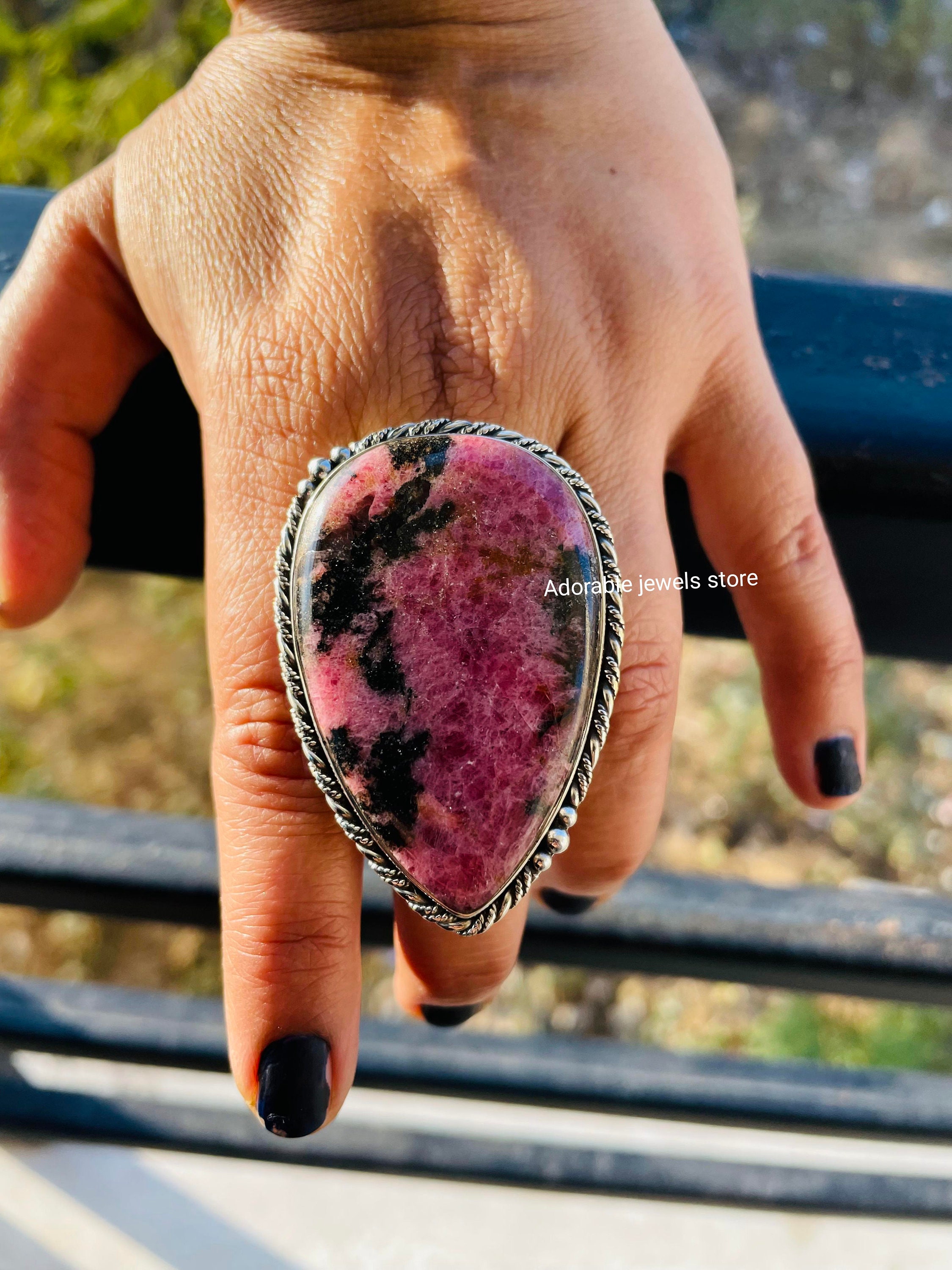 Large Rhodonite Ring,925 Solid Silver PALE Pink Stone Ring Large Rhodonite Ring,925 Solid Silver PALE Pink Stone Ring