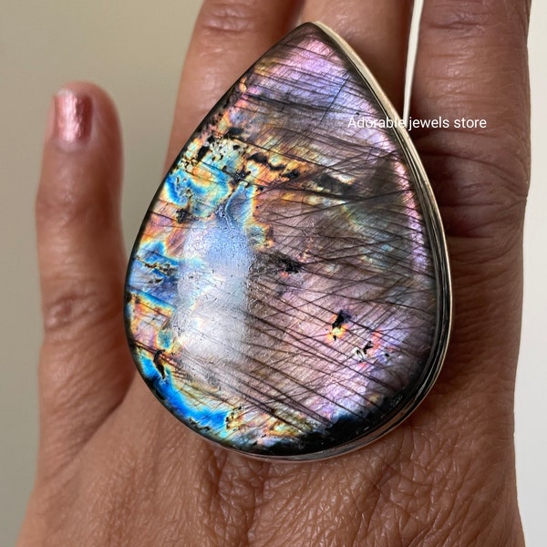 Natural spectrolite Labradorite ring,Rainbow color stone Natural gemstone,solid 925 Sterling Silver Ring Rare colors NEW YEAR gifts