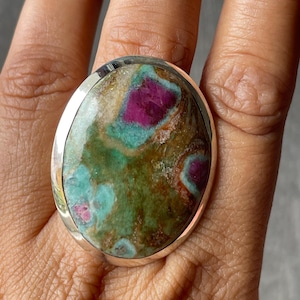 Ruby Fuchsite Ring, Large Oval Statement Ring, Sterling Silver, Natural Pink Ruby in Green Fuchsite Gemstone,  Gift for Her