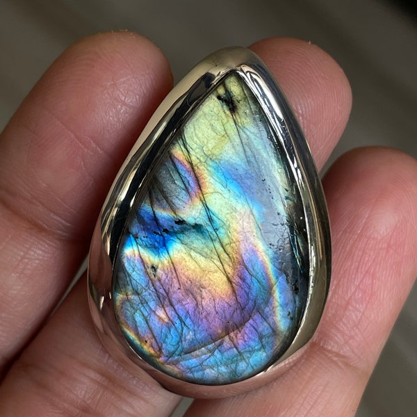 Bohemian Jewelry Sterling Silver Labradorite Ring MAy birthstone Multi colur Flash One of Kind gift her