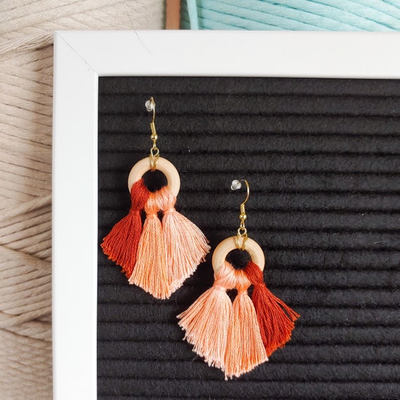 Tri colored Earrings Wood Ring With Embroidery Floss Light
