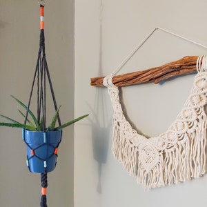 Macrame Plant Hanger, Color Wrap Design, Gray, Orange & Teal, Hangs a 5-6” pot
