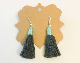 Mini Tassel Earrings, Gray and Mint Color, Handmade Jewelry
