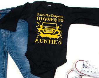 Pack My Diapers... I'm Going To Auntie's - Jeep Baby Bodysuit, Wrangler Baby, Jeep Bodysuit, Wrangler TShirt, Wrangler Kids Clothing