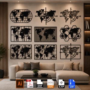 Puede incluir: Una colección de arte mural de mapas del mundo en metal negro con varios diseños, incluyendo un globo terráqueo, una rosa de los vientos y formas geométricas. El arte se exhibe en una pared de color neutro sobre un sofá seccional beige. Iconos de tipos de archivo en la parte inferior.