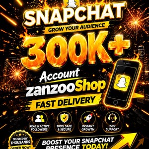 May include: A digital graphic featuring the text SNAPCHAT GROW YOUR AUDIENCE 300K+ Account zanzooShop FAST DELIVERY. It includes a smartphone icon with the Snapchat logo, four circular icons for service features, and a yellow arrow pointing right.