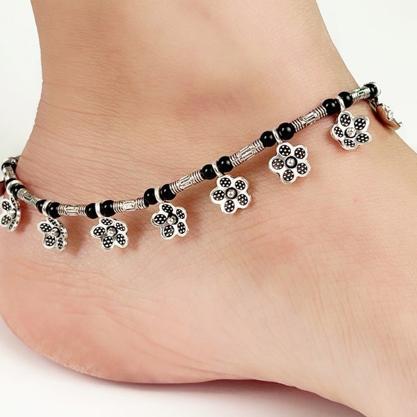 Boho Beach Floral Anklet for Women, Oxidized Ankle Bracelet for Girls, Body Jewelry, Charm Anklet Foot Jewelry, Silver Anklet Summer Jewelry