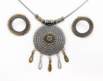 Handmade Oxidized Indian Jewelry Set: Boho Necklace & Earrings