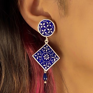 Boucle d&#39;oreille Meenakari émaillée en argent 925 pour femme, Boucle d&#39;oreille originale, Boucles d&#39;oreilles pendantes indiennes, Boucle d&#39;oreille pendante en argent sterling, Bijoux tendance