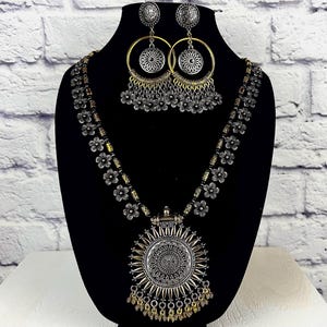 Long Indian Necklace Set, Silver Gold Statement Necklace, Boho Hippie Jewelry, Navratri Jewelry, Oxidized Bollywood Jewelry For Women & Girl