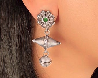Oxidized Sterling Silver Floral Dangle Earrings, Indian Jewelry