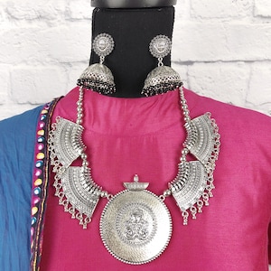 Oxidized Silver Jewelry Set, Durga Statement Necklace And Earring, Bollywood Garba Jewelry, Bib Choker Set, Festive Wear Dandiya Jewelry