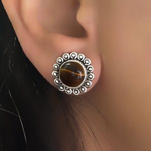 Sterling Silver Tiger’s Eye Stud Earrings Women, Moldavite Earrings Teenage Girl Gifts, Healing Jewelry, Worry Stone, Cool Funky Earrings