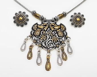 Handmade Oxidized Silver Gold Peacock Necklace Set, 26" Indian Jewelry