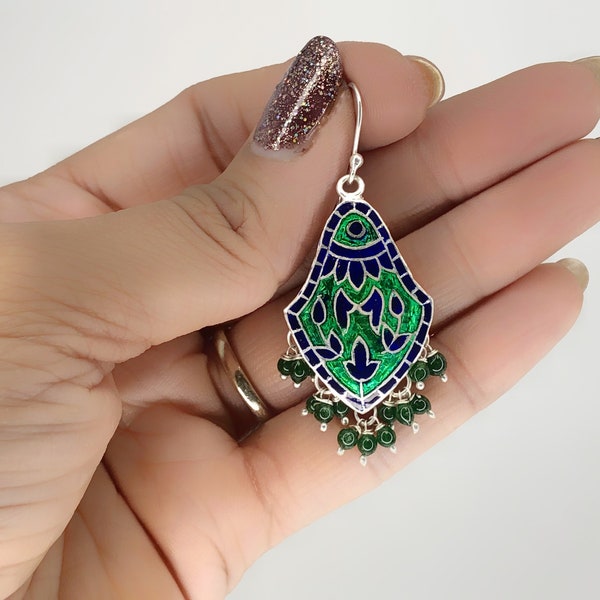 925 Silver Meenakari Enameled Earring For Women, Beautiful Jaipur Meenakari Dangler Gift For Her, Sterling Silver Drop Earring